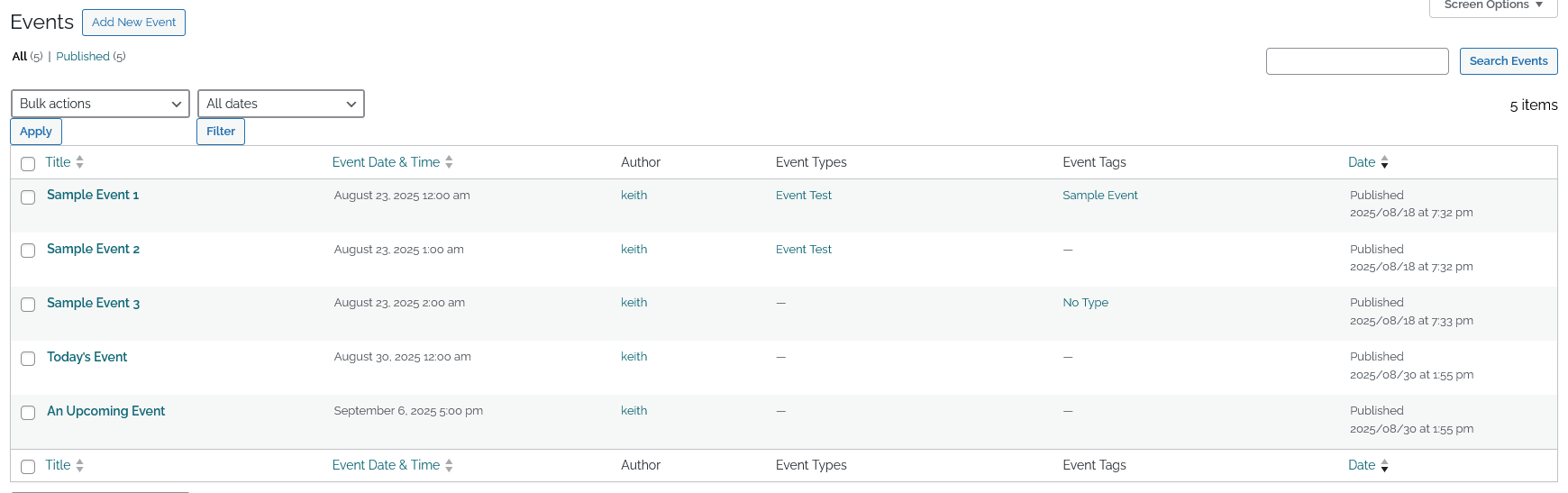Admin Events List